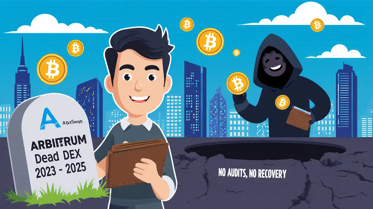 Trader holding tombstone for dead ApeSwap while thriving Arbitrum city glows behind.