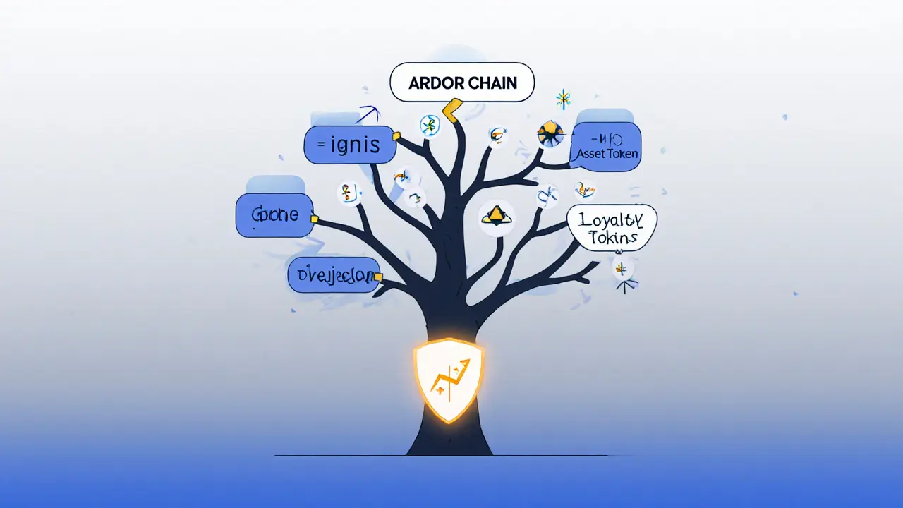 Tree diagram illustrating Ardor&#039;s parent-child blockchain structure with security shield