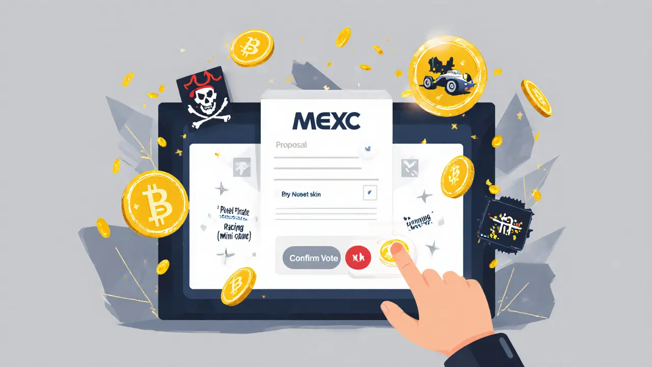 User voting on crypto proposals with BTH tokens raining down in a flat digital illustration.