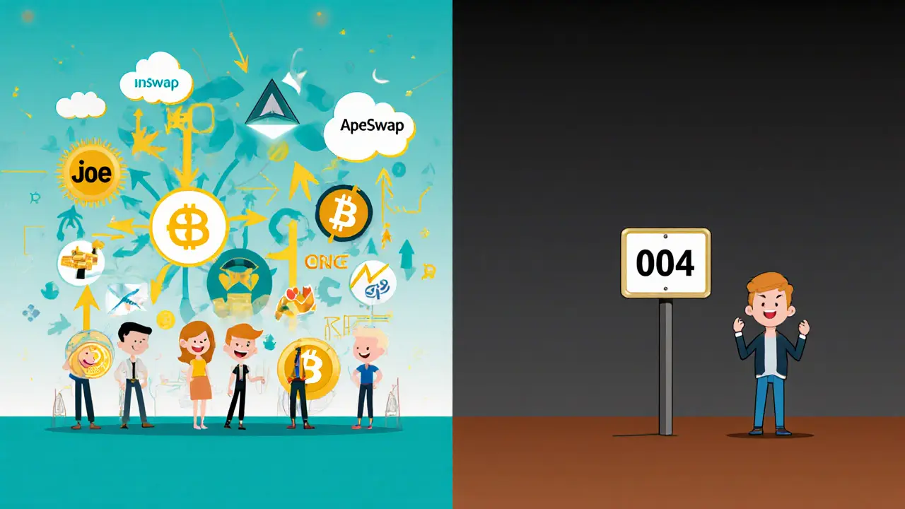 Vibrant active DEXes on one side, empty void labeled ApeSwap on the other.