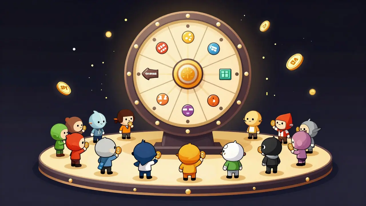 980 avatars in a lottery wheel, each holding a SPAT token, under a spinning winners wheel.