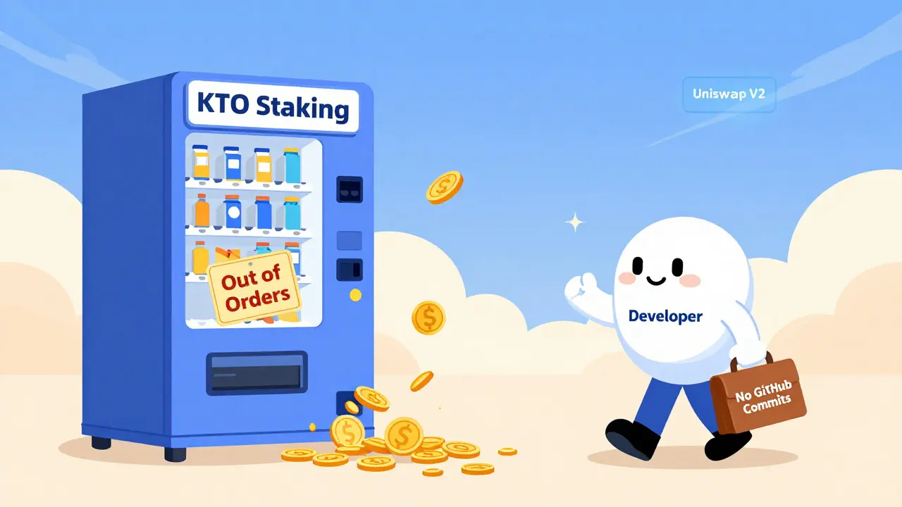 A broken KTO staking machine leaks tokens as a developer walks away.