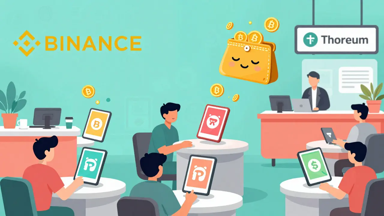 A cartoon marketplace where NFT trades generate BNB coins flowing into wallets.