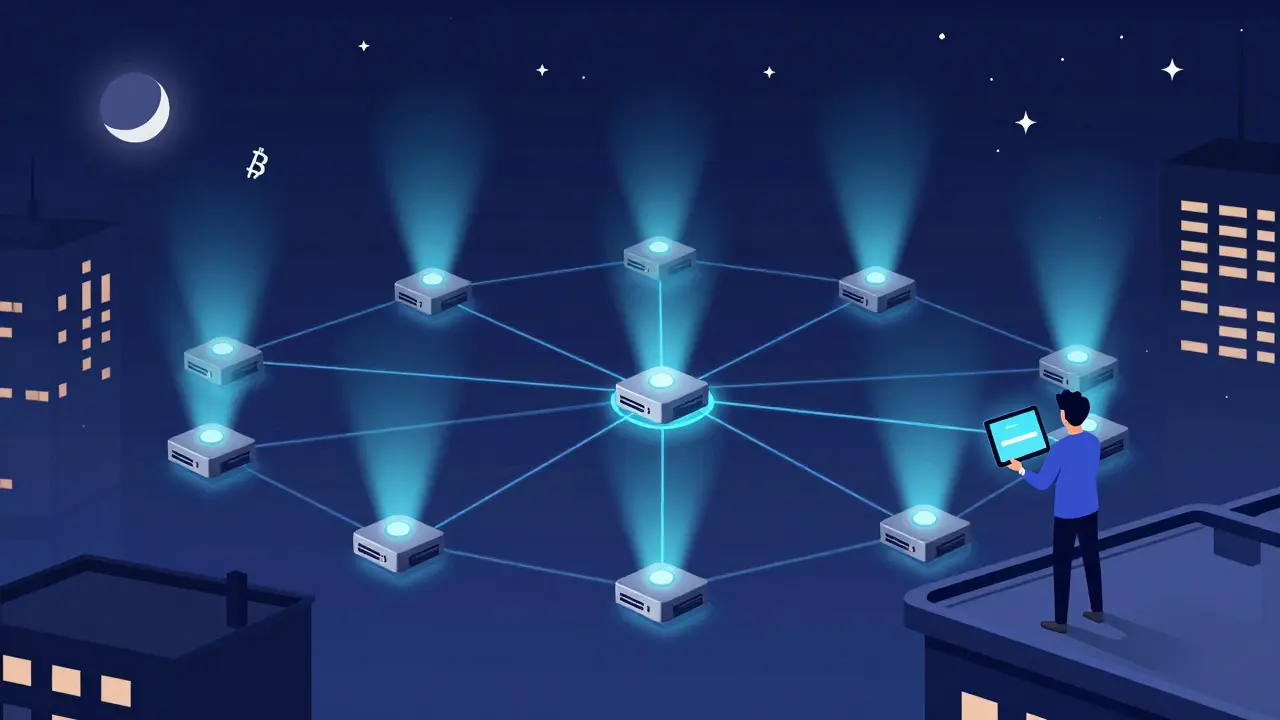 A city at night with glowing nodes connected in a web, one person watching sync progress on a rooftop.