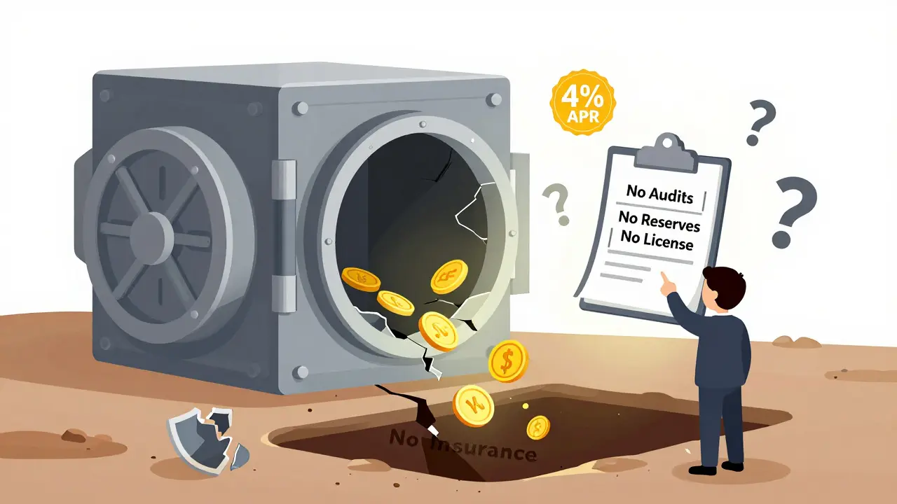 A cracked vault labeled 'Aibit Earn' leaking coins into a pit, with signs showing no audits or insurance.