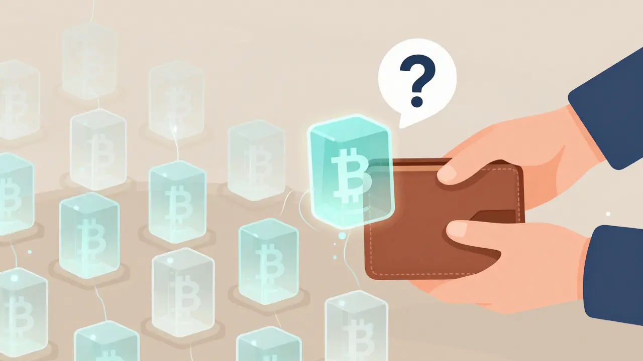 A digital mining farm made of NFT blocks emits crypto symbols, with one NFT being transferred and a question mark above it.