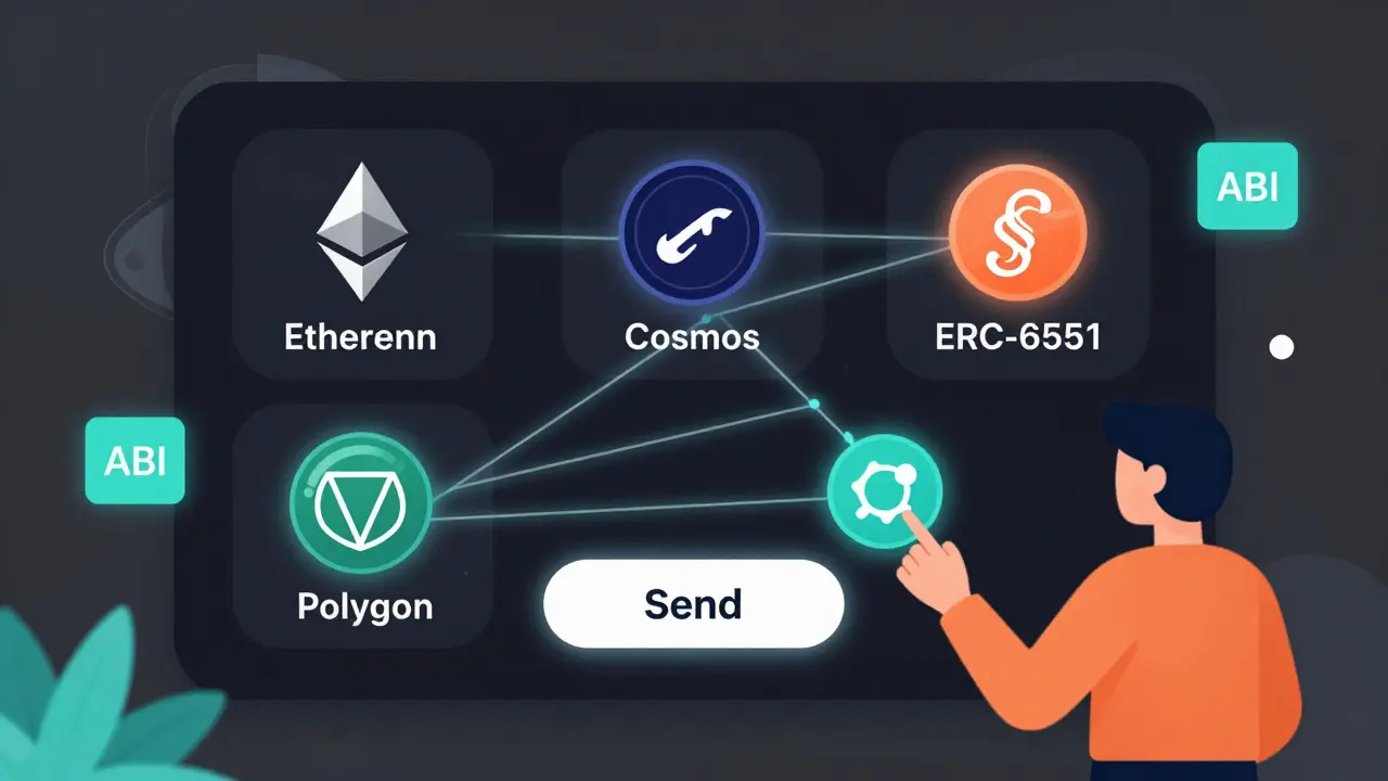 A digital wallet showing balances from multiple blockchains with glowing cross-chain connections.