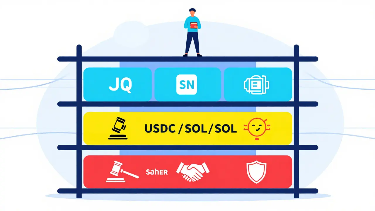 A four-layer bridge showing levels of blockchain interoperability with icons for each layer.