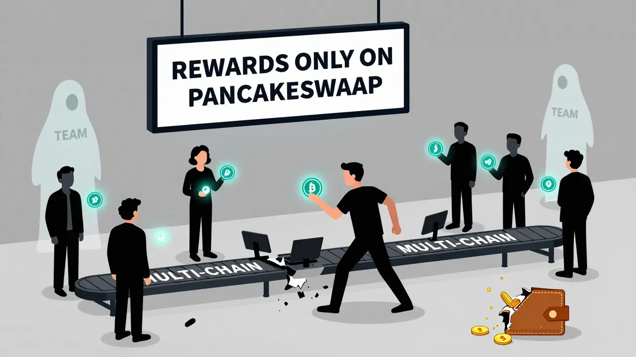 A frozen crypto trading floor with only one active trader and a fading multi-chain sign.