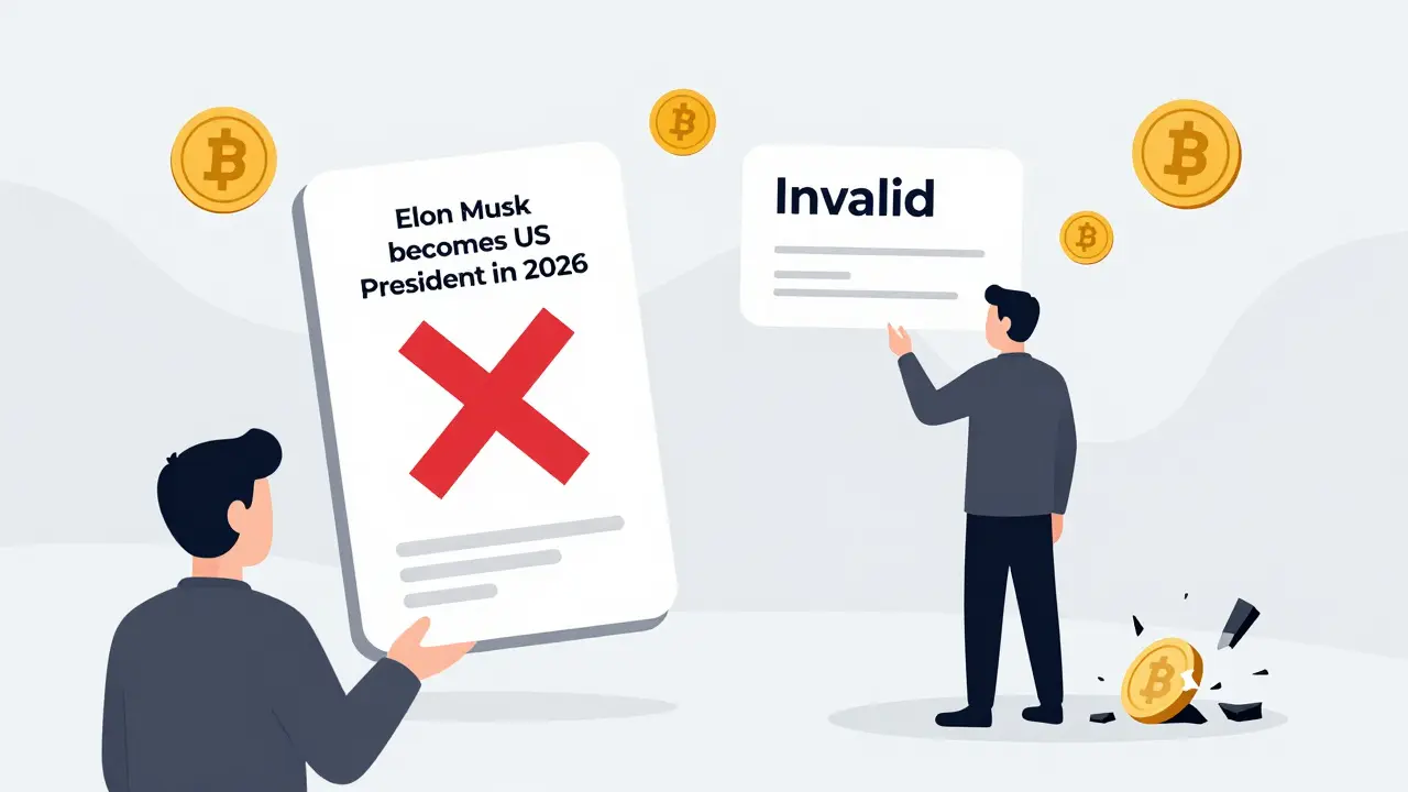 A market labeled as impossible is marked 'Invalid', with traders getting refunds and a corrupted REP token breaking apart.