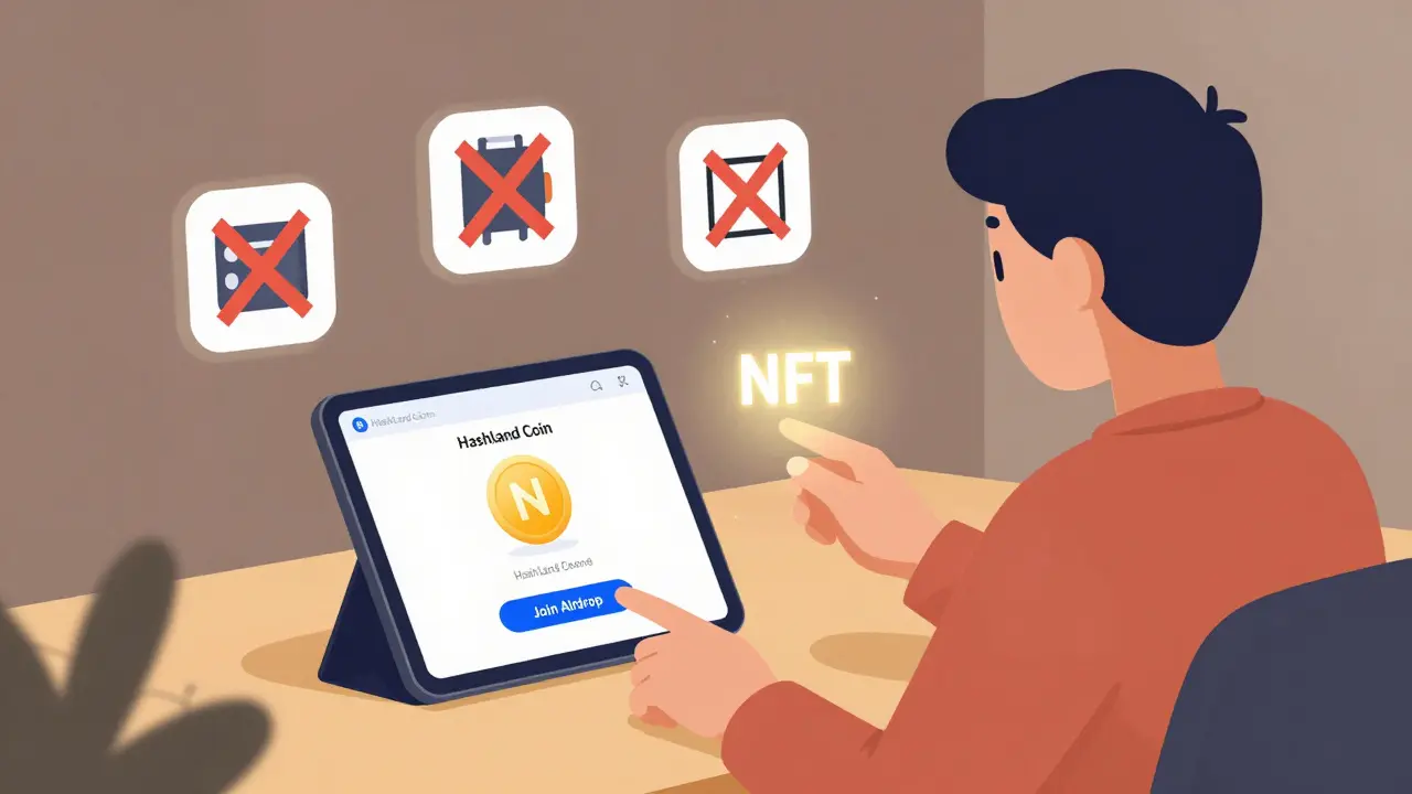 A person clicks a button on a tablet to join a crypto airdrop, with no wallet or fees shown, emphasizing simplicity.