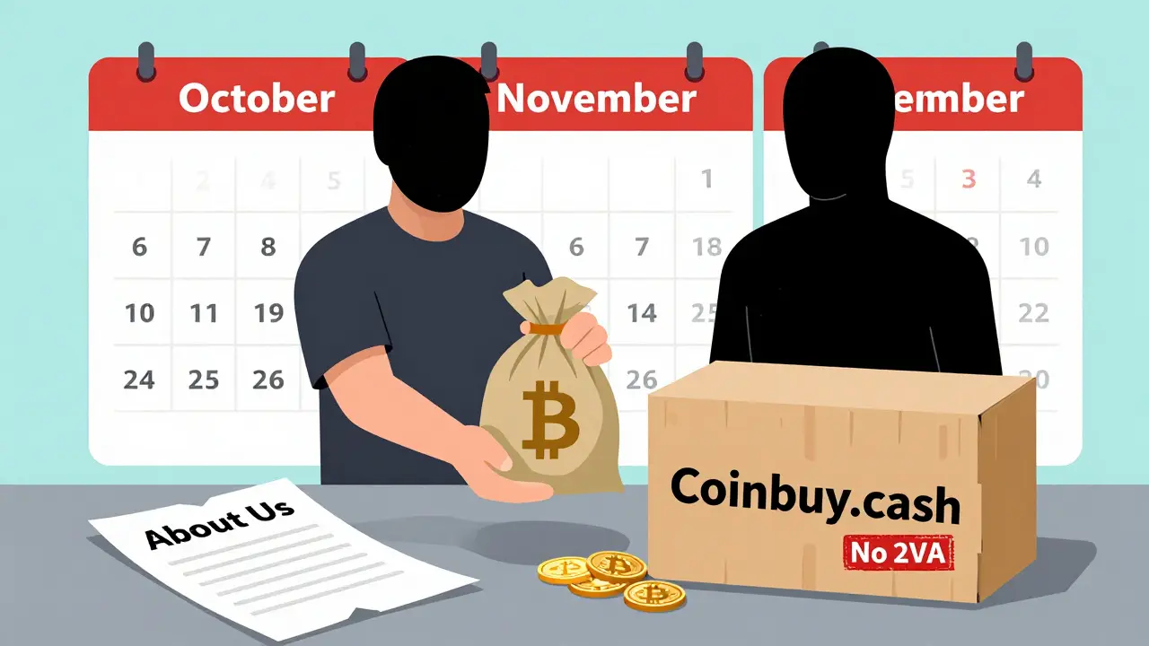 A person giving Bitcoin to a masked figure at a flimsy stand, with domain changes visible on a calendar.