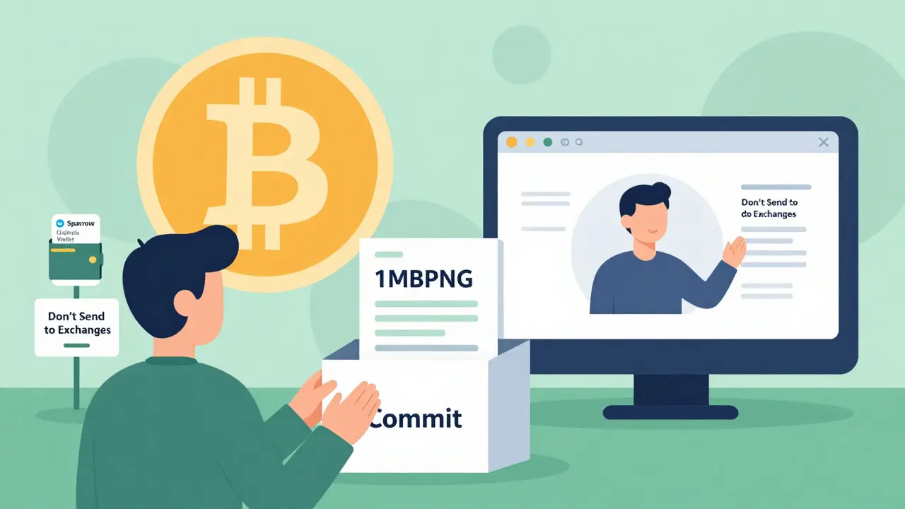 A person inscribing data into a Bitcoin transaction, with wallet apps and warning signs in the background.