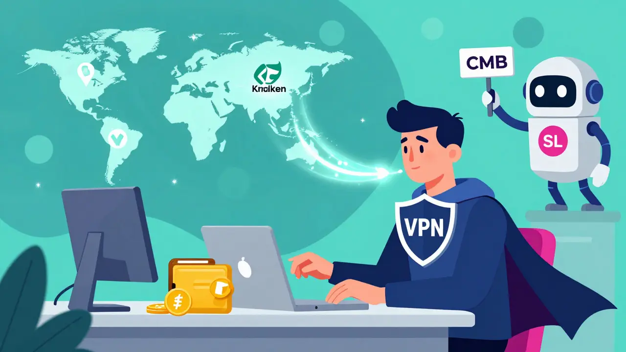 A person using a VPN to connect to global crypto exchanges, with a wallet and bypassed regulation sign nearby.