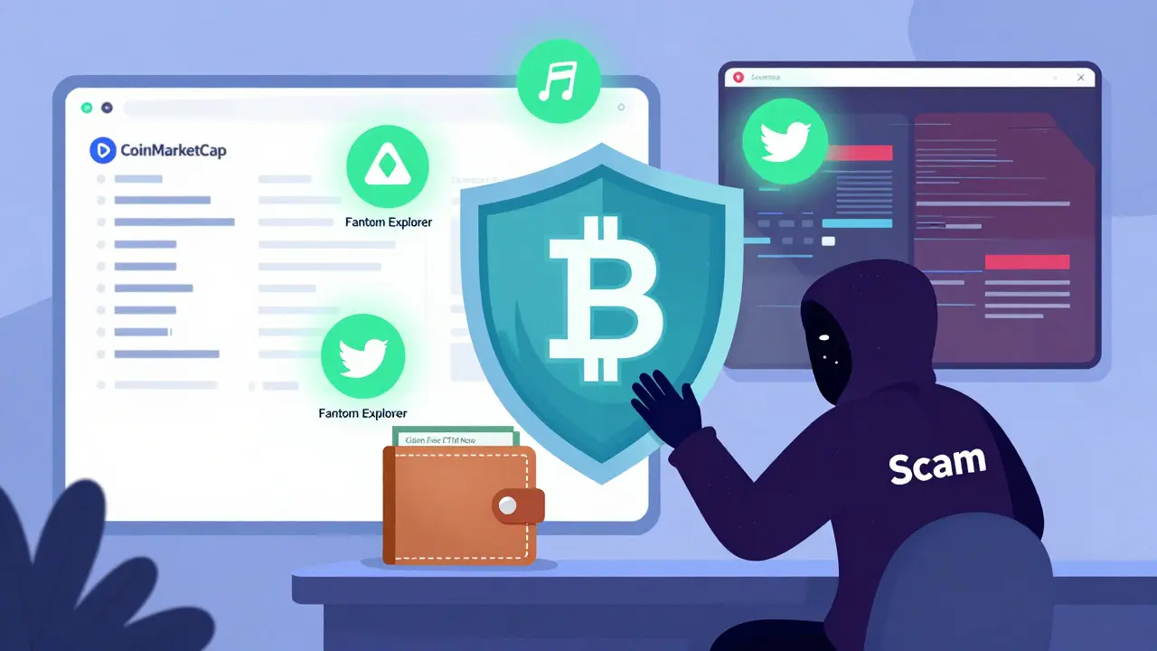 A shield protecting a wallet from a scammer reaching for a fake FTM airdrop link, with verified platforms glowing nearby.