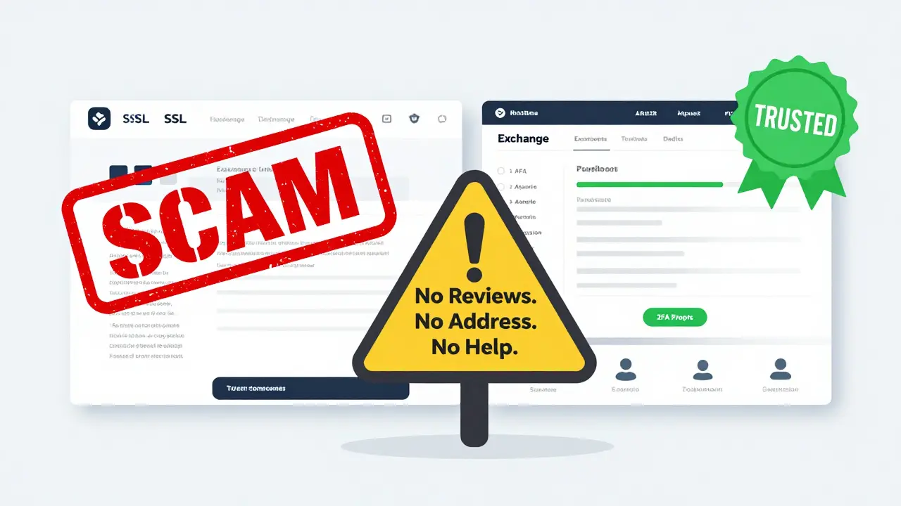A side-by-side comparison of a fake crypto site with a legitimate one, marked by red and green warning badges.