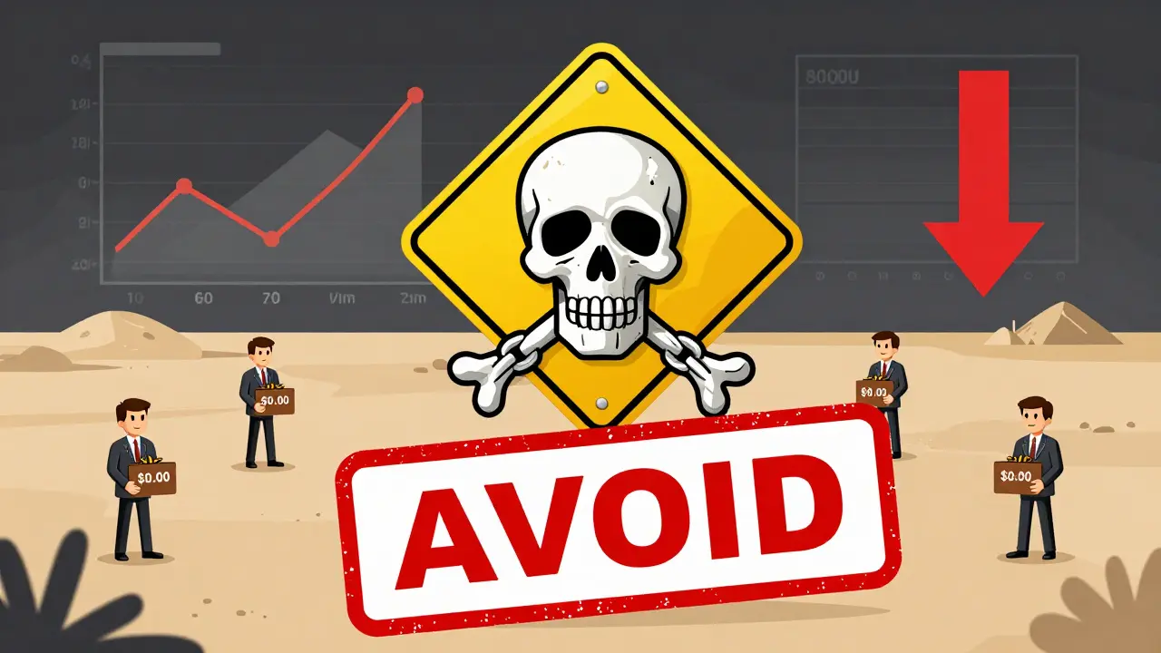 A skull-shaped warning sign warns investors away from a dead crypto landscape.