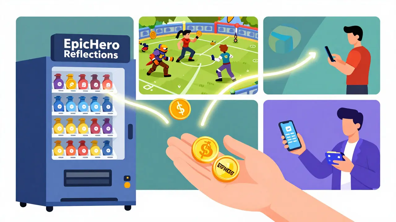 A vending machine labeled 'EpicHero Reflections' dispensing BNB coins while game battles happen in the background.