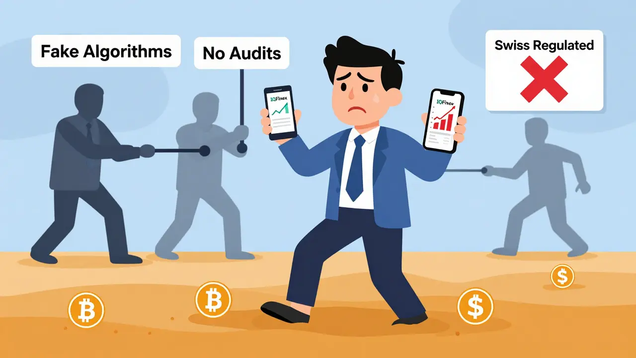 Cartoon of a beginner trader being tricked by shadowy figures pulling levers labeled 'Fake Algorithms' and 'No Audits'.