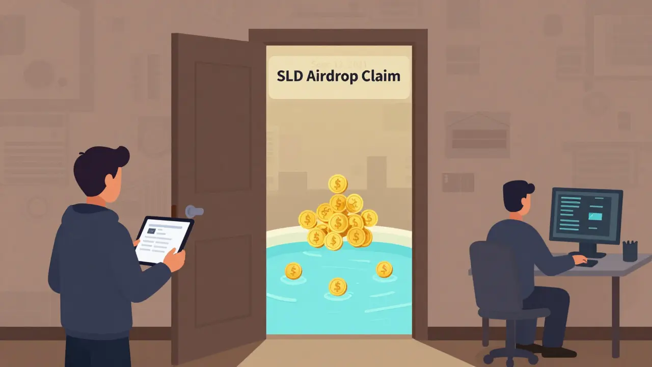 Closed airdrop door with a community token pool behind it and a tester submitting a bug report