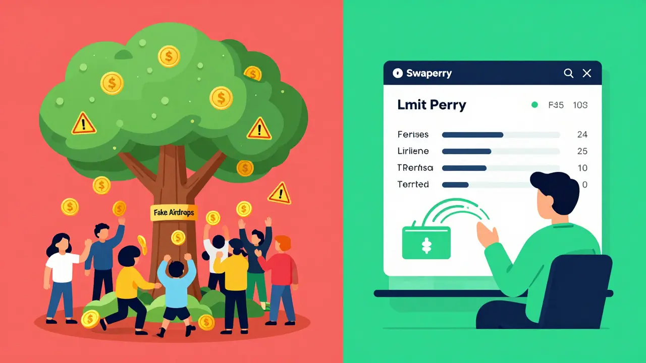 Contrast between chaotic fake airdrop seekers and a calm trader earning PERRY through real swaps.