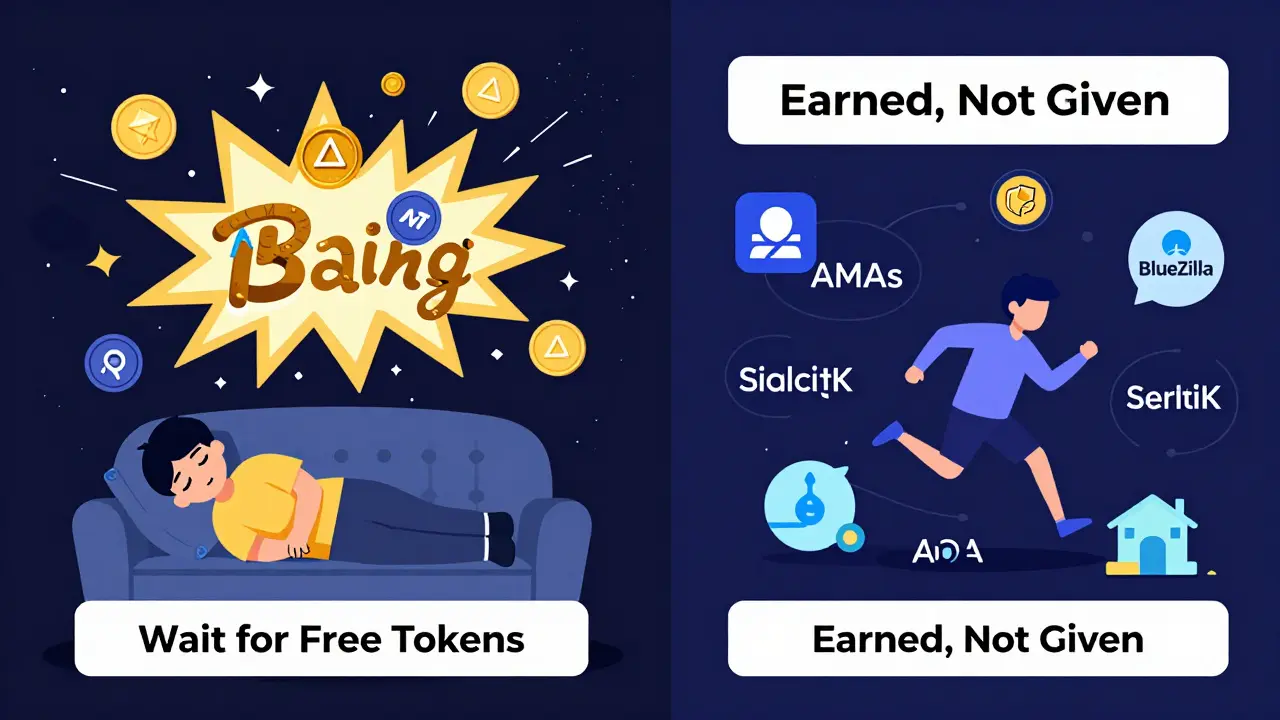 Cosmic explosion of ASTRO tokens contrasting passive vs active users, with trust badges floating nearby.