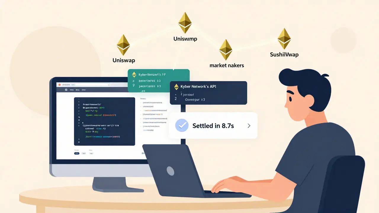 Developer integrating Kyber API with blockchain liquidity connections