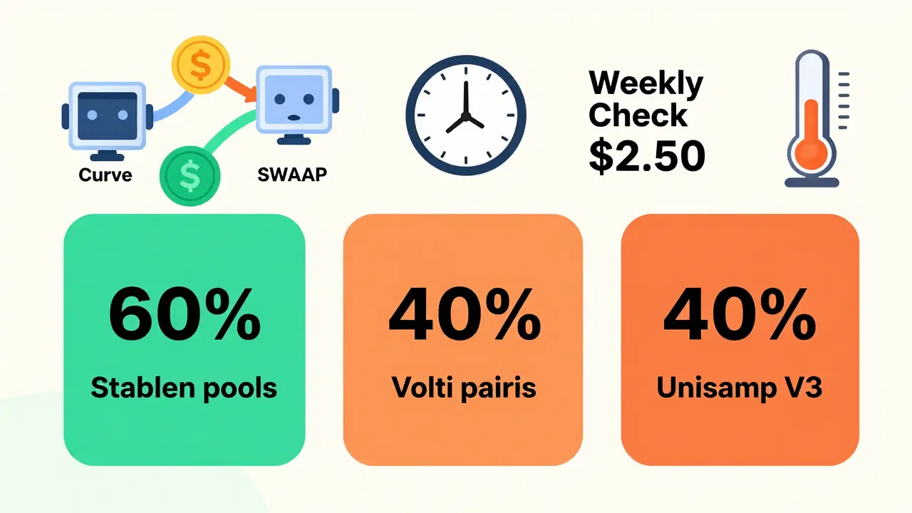 Diversified DeFi portfolio with stablecoin and volatile pairs, managed by automated tools.