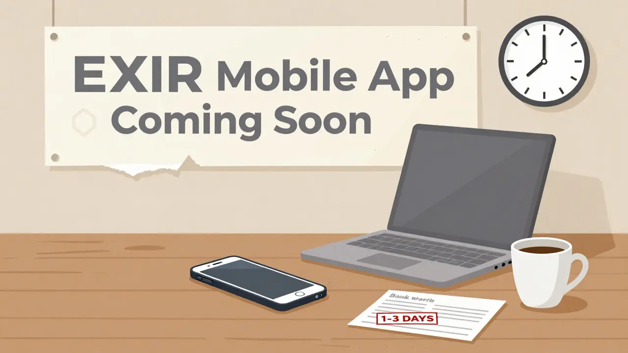 Empty mobile phone next to outdated laptop with expired EXIR app promise