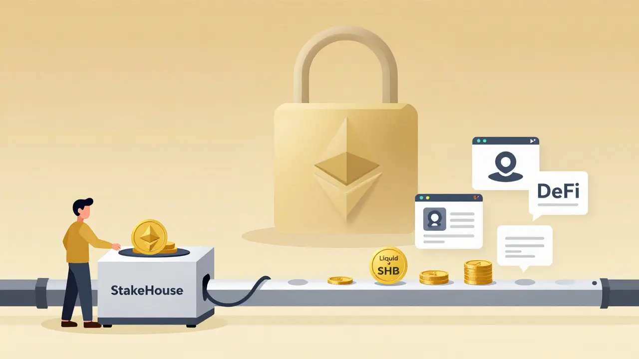 ETH flows into StakeHouse machine and emerges as SHB tokens used in DeFi apps, with CBSN tokens locked in a giant lock.