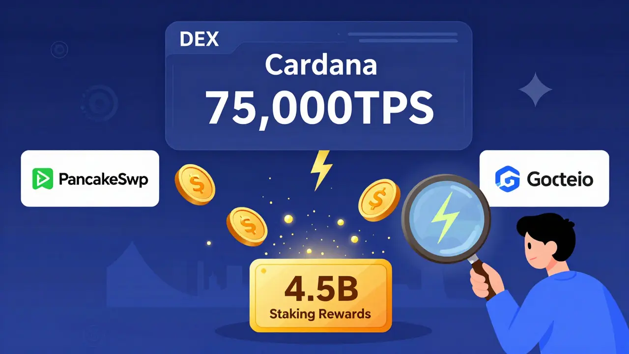 Fast transaction flow of ASTRO tokens between exchanges on Cardano, with a glowing 4.5B staking rewards counter.
