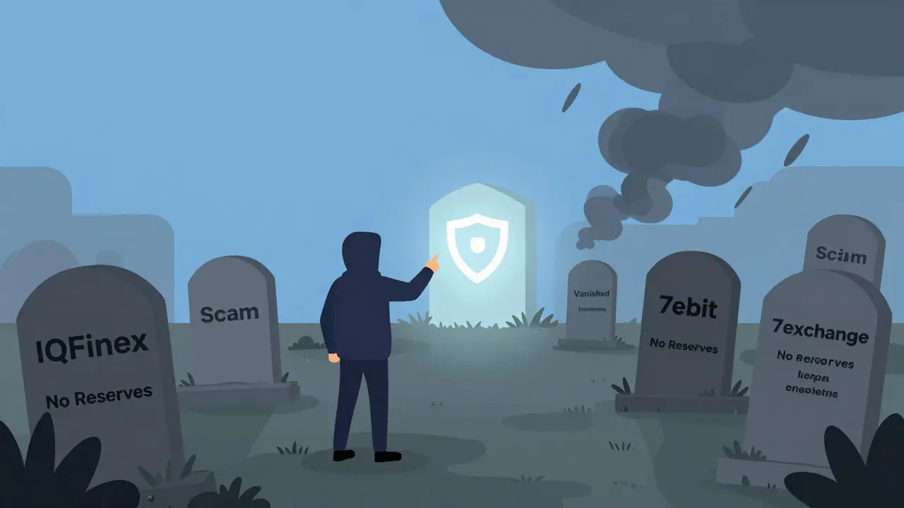 Graveyard of scam crypto exchanges with one survivor pointing to a safe, regulated exchange in the distance.