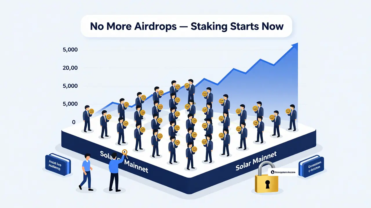 Growing blockchain network with 5,000 to 20,000 users, showing transition from airdrop to staking and ecosystem adoption.