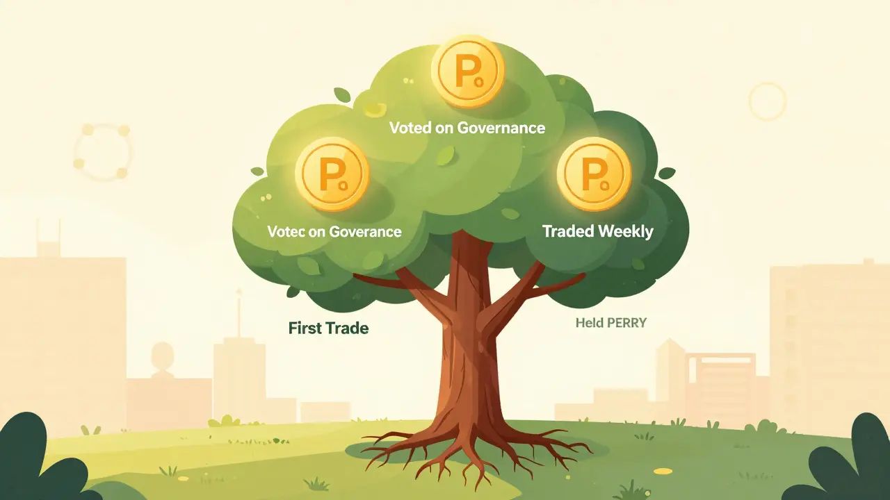 Loyalty tree growing from first trade, with PERRY tokens as leaves and Polkadot network in background.