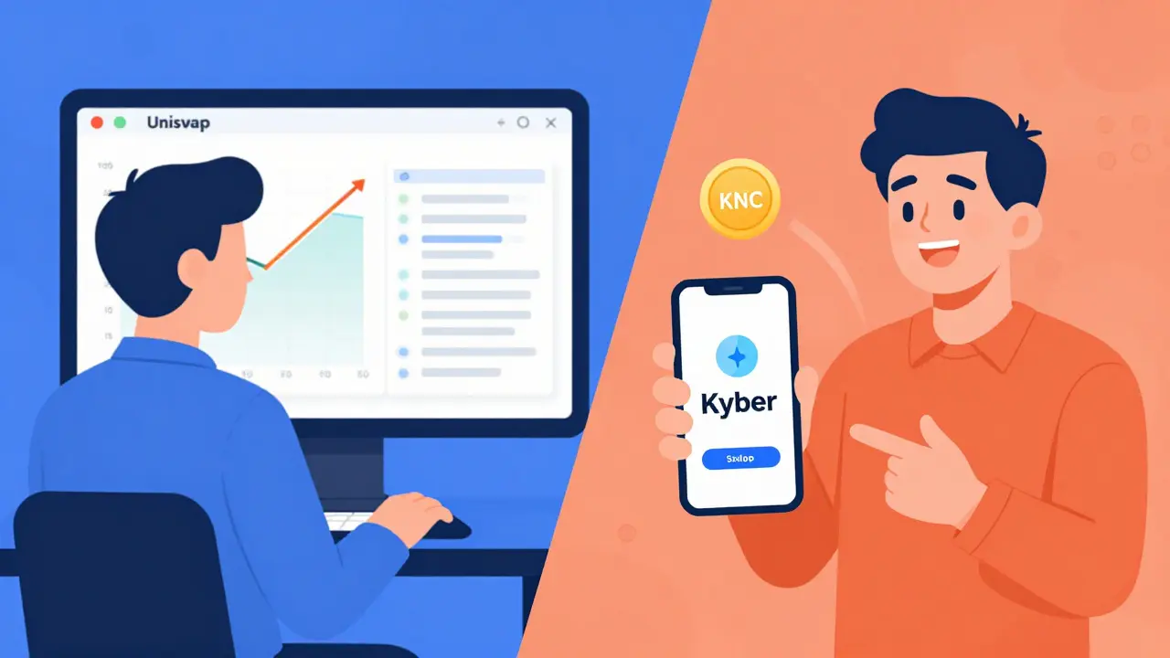 Merchant using Kyber for fast swaps versus trader with complex charts