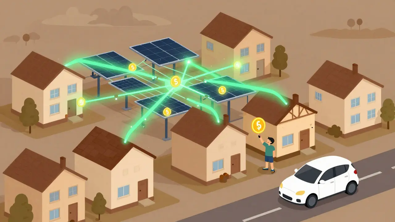 Neighborhood solar panels feeding energy into a shared grid with token exchanges between homes under twilight skies.