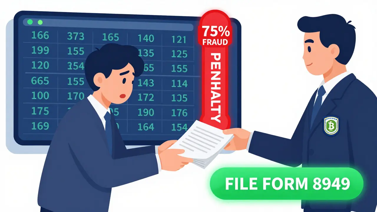 Person handing crypto records to IRS agent as penalty meter rises and a filing button glows.