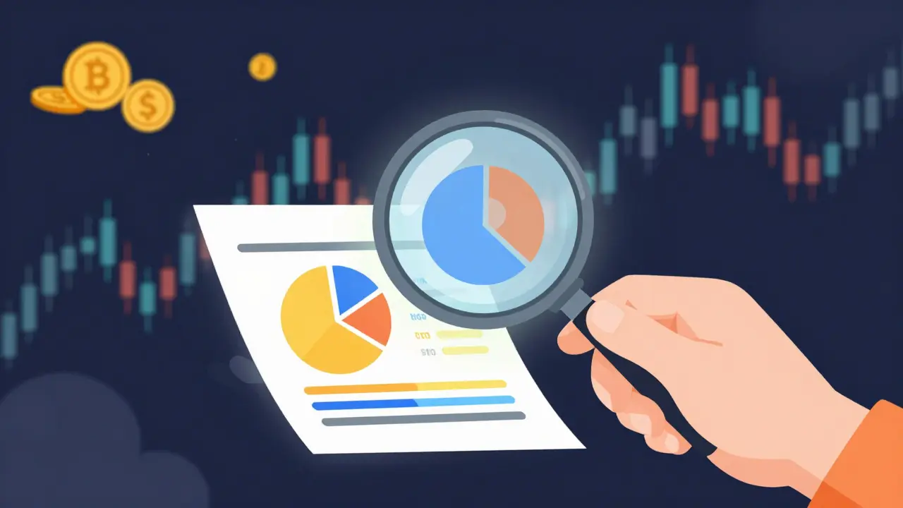 Person using magnifying glass to reveal hidden on-chain metrics beneath a blockchain ledger.