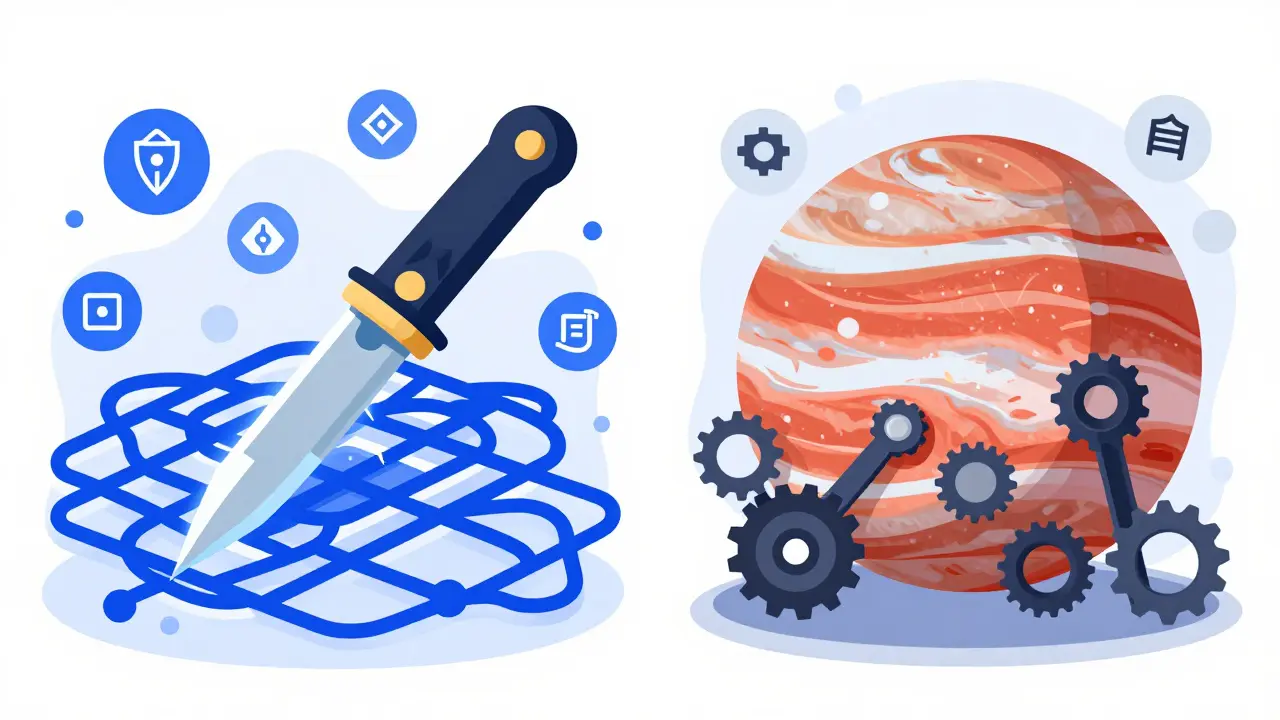 Raydium as a scalpel vs Jupiter as a multi-tool, both cutting through liquidity networks on Solana.
