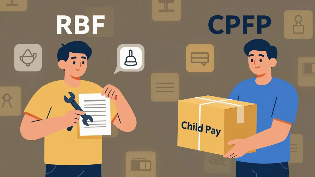RBF vs CPFP comparison: sender upgrading their own transaction vs recipient adding a payment to speed it up.
