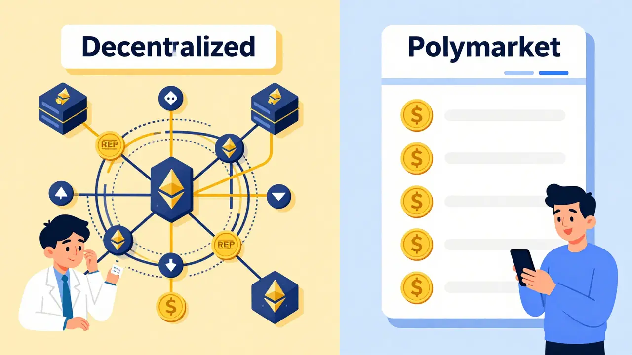 Side-by-side comparison: complex decentralized Augur system vs. simple Polymarket interface in flat cartoon style.