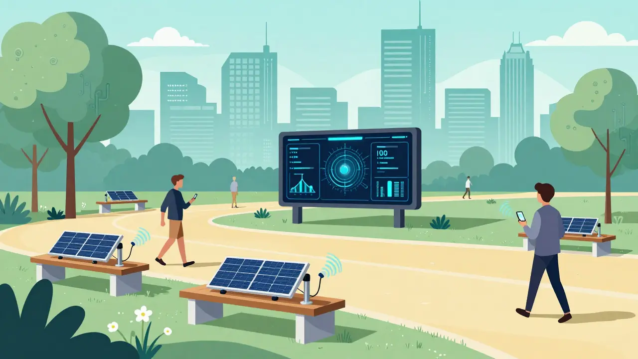 Smart city park with solar sensors transmitting data to a public dashboard, citizens nearby earning crypto tokens.