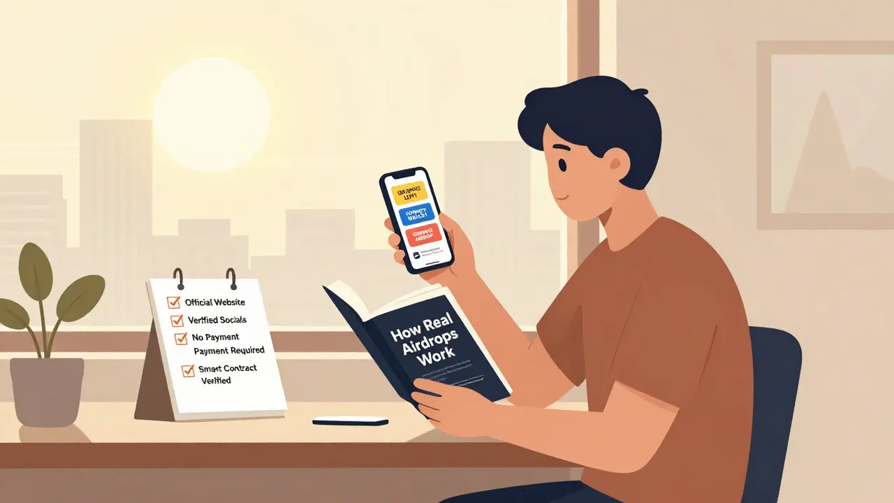 Someone calmly learning about real airdrops while ignoring urgent scam pop-ups on their phone.