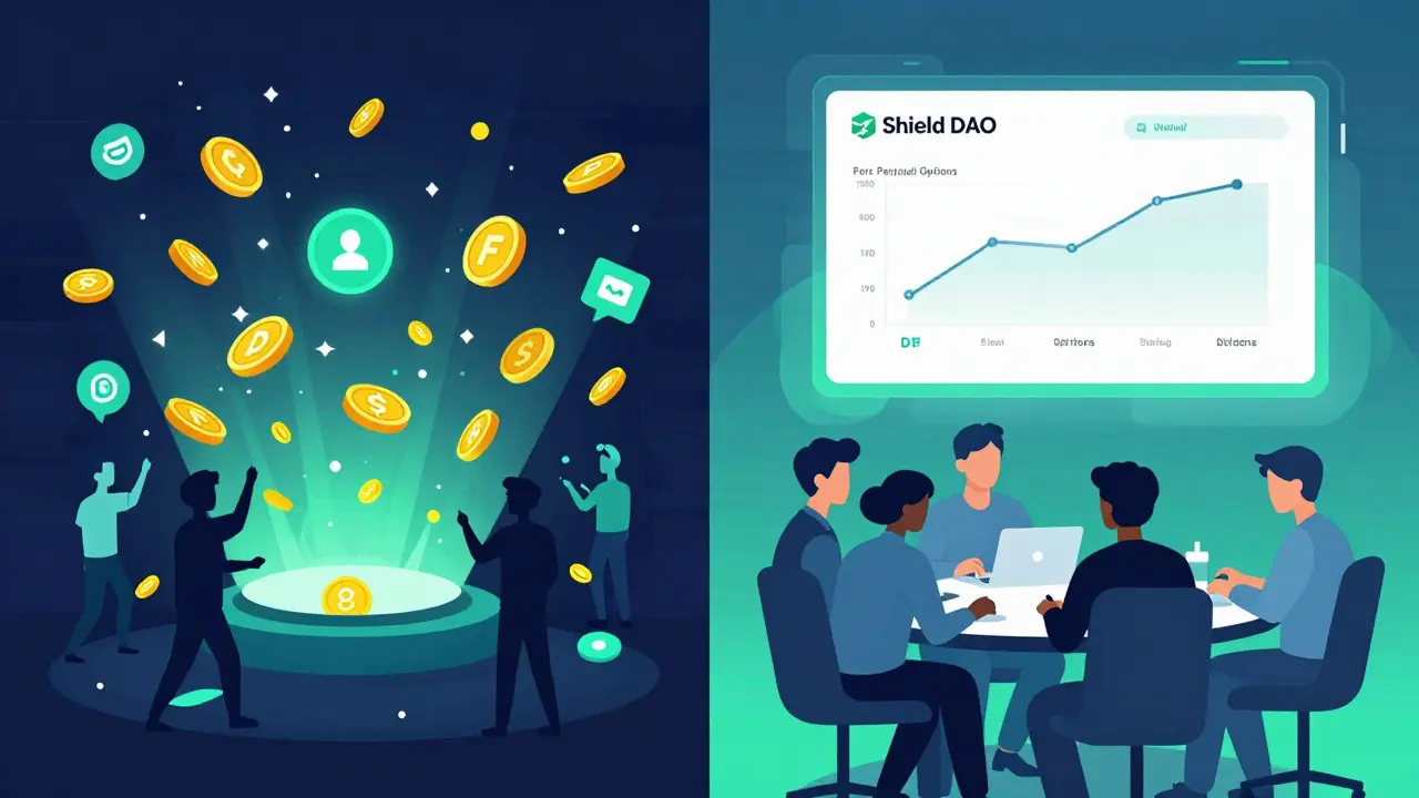 Split scene: chaotic hype-driven airdrop on left, quiet builders on right with decentralized finance interface
