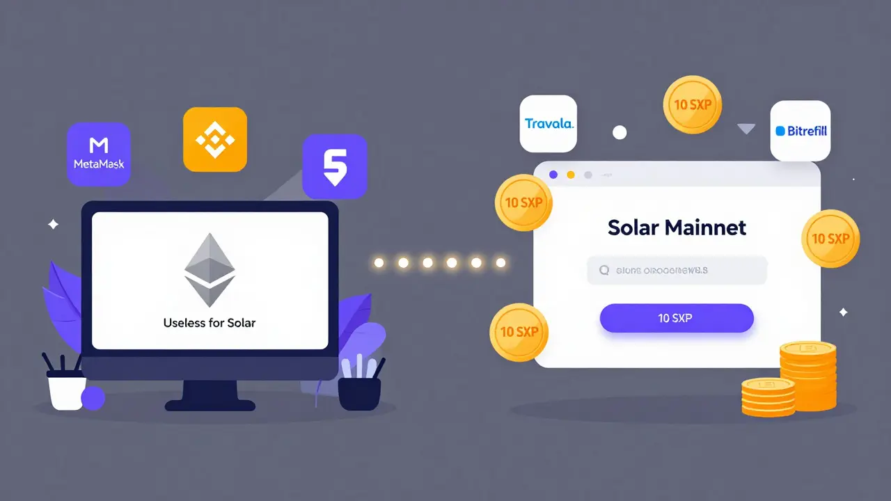 Split scene comparing useless exchange wallets with the Solar mainnet wallet and its ecosystem utilities like staking and payments.