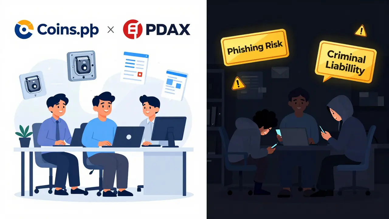 Split scene: safe licensed crypto platform vs risky VPN trading with warning signs