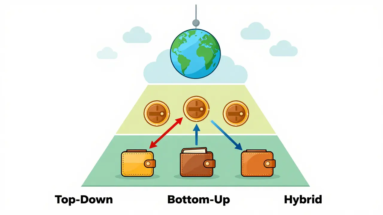 Three-layered pyramid showing top-down, bottom-up, and hybrid crypto analysis frameworks.