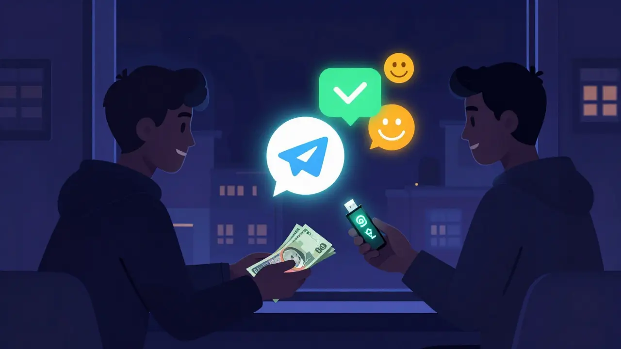 Two people exchanging cash for a USB drive with crypto icons, under a glowing Telegram logo at night.