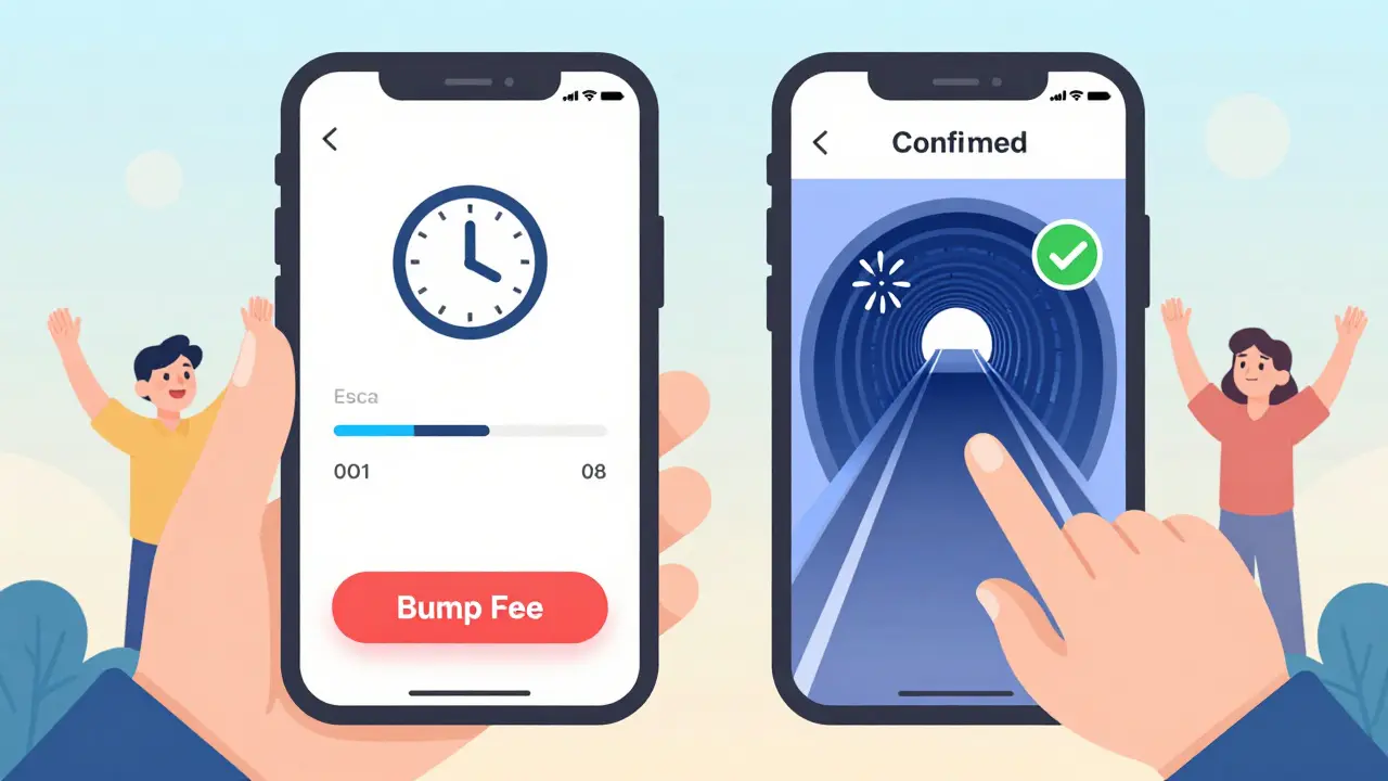 User clicking a 'Bump Fee' button on a wallet app, showing a transaction speeding to confirmation.