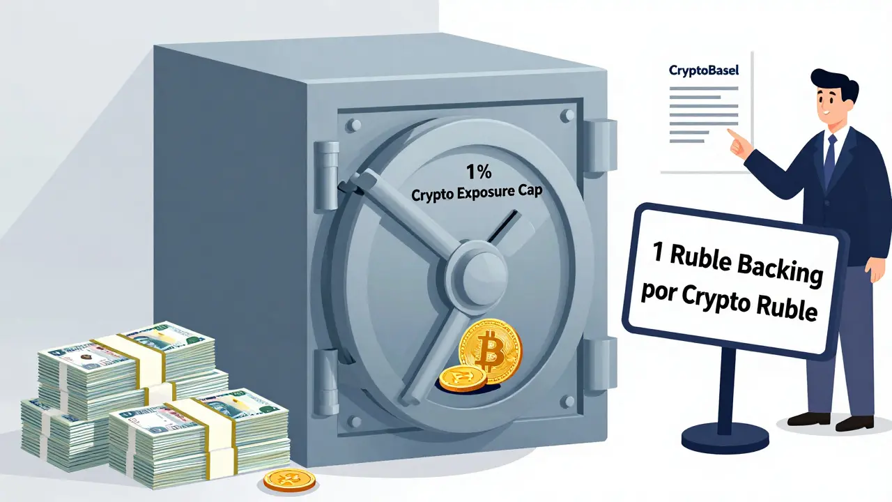 A bank vault holds only 1% of its capital in crypto, with ruble bills towering over the tiny digital assets.